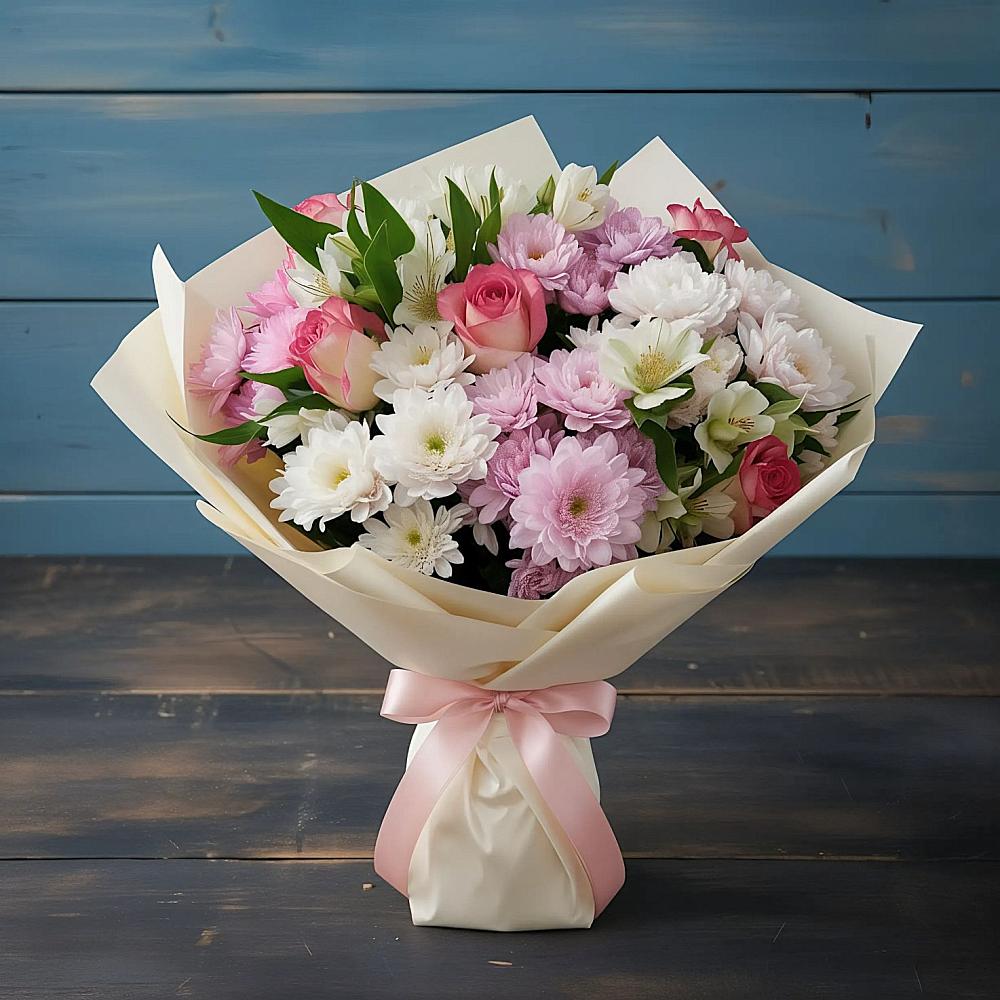 Букет цветов из: Хризантемы, Альстромерии и Розы в Иркутске